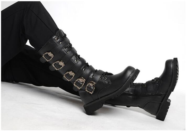 Men's Leather Motorcycle Boots Mid-calf Military Combat Boots Gothic Belt Punk Boots Men Shoes Tactical Army Boot - Mandenge