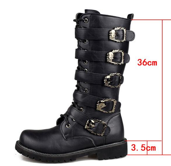 Men's Leather Motorcycle Boots Mid-calf Military Combat Boots Gothic Belt Punk Boots Men Shoes Tactical Army Boot - Mandenge