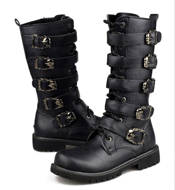 Men's Leather Motorcycle Boots Mid-calf Military Combat Boots Gothic Belt Punk Boots Men Shoes Tactical Army Boot - Mandenge