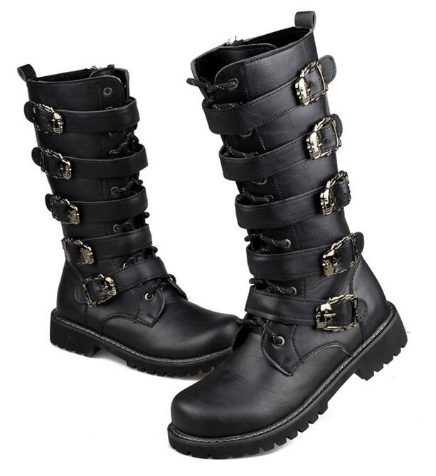 Men's Leather Motorcycle Boots Mid-calf Military Combat Boots Gothic Belt Punk Boots Men Shoes Tactical Army Boot - Mandenge