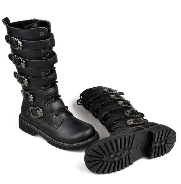 Men's Leather Motorcycle Boots Mid-calf Military Combat Boots Gothic Belt Punk Boots Men Shoes Tactical Army Boot - Mandenge