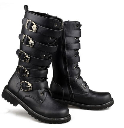 Men's Leather Motorcycle Boots Mid-calf Military Combat Boots Gothic Belt Punk Boots Men Shoes Tactical Army Boot - Mandenge