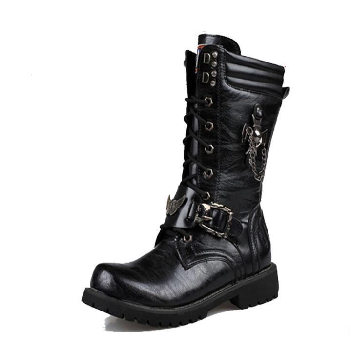 Men's Leather Motorcycle Boots Mid-calf Military Combat Boots Gothic Belt Punk Boots Men Shoes Tactical Army Boot - Mandenge