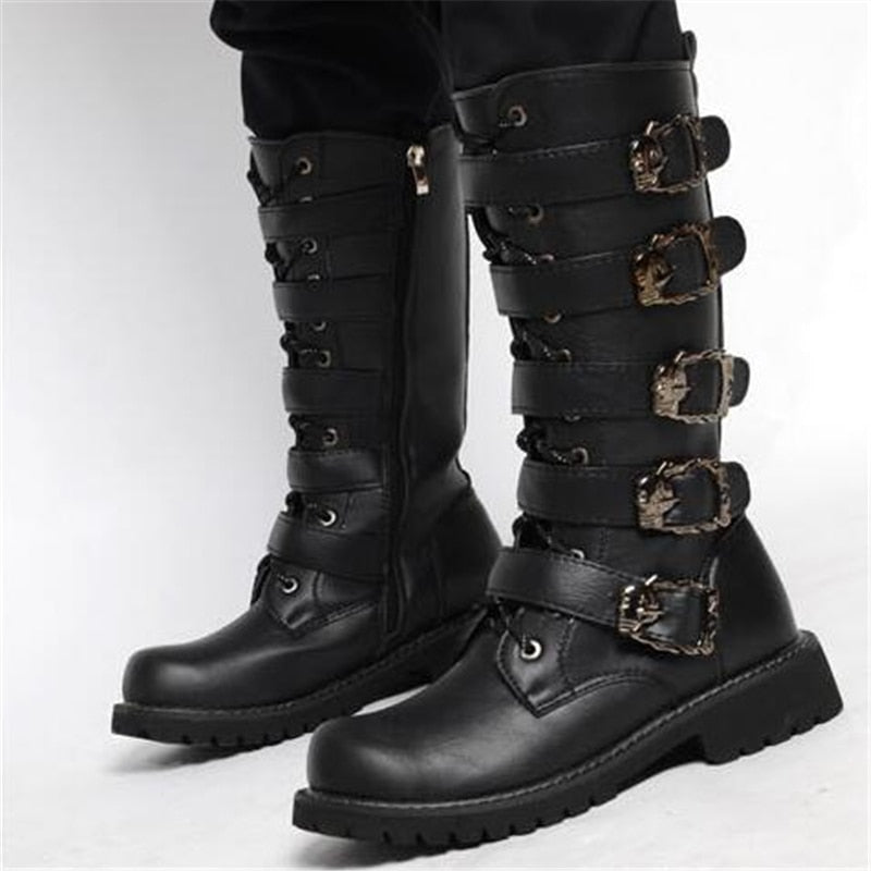 Men's Leather Motorcycle Boots Mid-calf Military Combat Boots Gothic Belt Punk Boots Men Shoes Tactical Army Boot - Mandenge