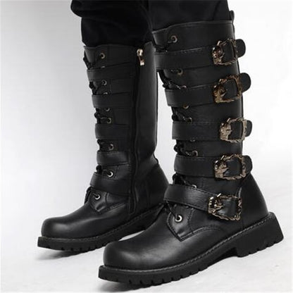 Men's Leather Motorcycle Boots Mid-calf Military Combat Boots Gothic Belt Punk Boots Men Shoes Tactical Army Boot - Mandenge