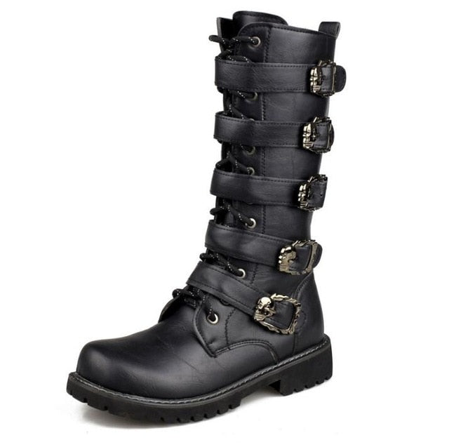 Men's Leather Motorcycle Boots Mid-calf Military Combat Boots Gothic Belt Punk Boots Men Shoes Tactical Army Boot - Mandenge