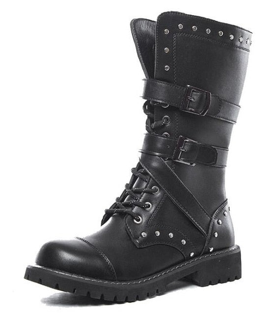 Men's Leather Motorcycle Boots Mid-calf Military Combat Boots Gothic Belt Punk Boots Men Shoes Tactical Army Boot - Mandenge