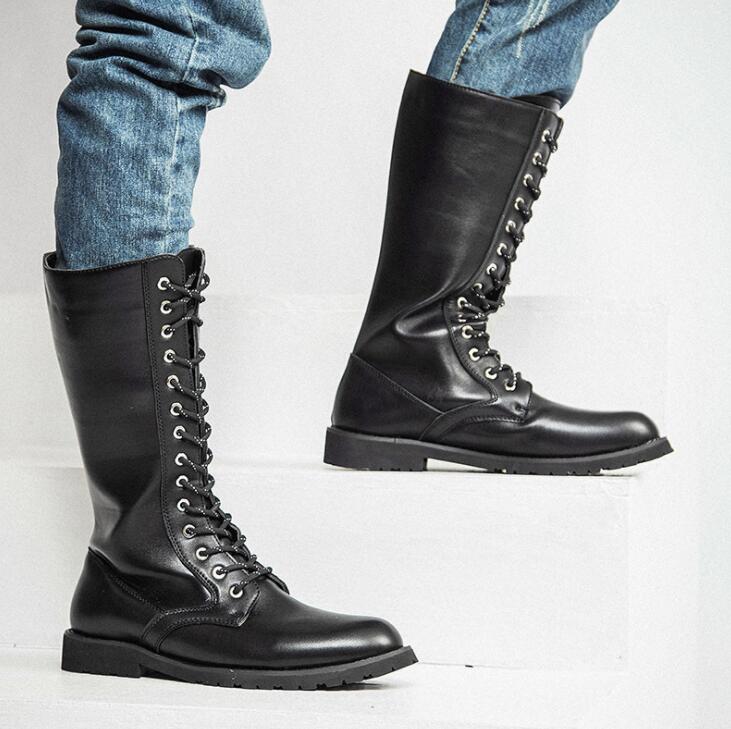 Men's Leather Motorcycle Boots Mid-calf Military Combat Boots Gothic Belt Punk Boots Men Shoes Tactical Army Boot - Mandenge