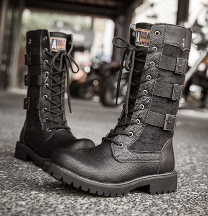 Men's Leather Motorcycle Boots Mid-calf Military Combat Boots Gothic Belt Punk Boots Men Shoes Tactical Army Boot - Mandenge