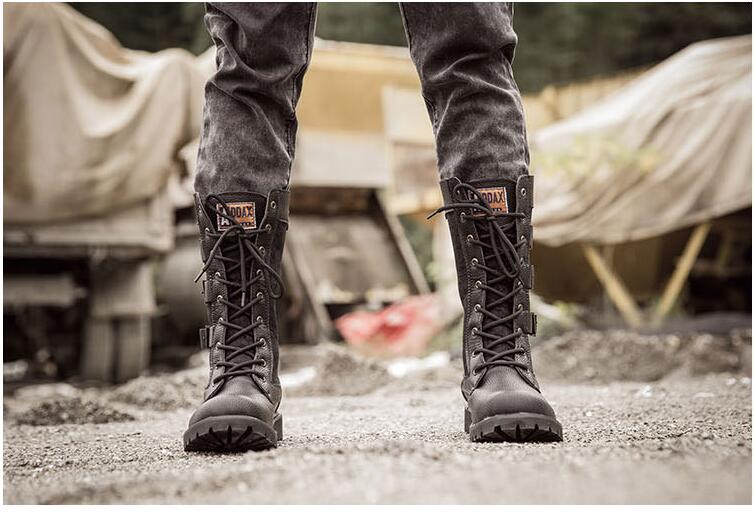 Men's Leather Motorcycle Boots Mid-calf Military Combat Boots Gothic Belt Punk Boots Men Shoes Tactical Army Boot - Mandenge
