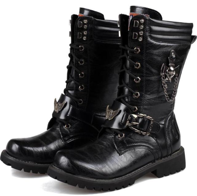 Men's Leather Motorcycle Boots Mid-calf Military Combat Boots Gothic Belt Punk Boots Men Shoes Tactical Army Boot - Mandenge