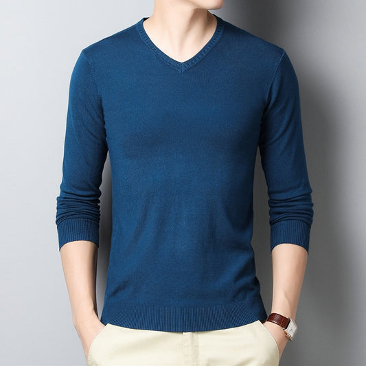 2021 New Men's Slim V-neck Sweater Spring Autumn Thin Pullover Knitted Sweaters Fashion Solid Color Casual Brand Male Clothes - Mandenge - Fall Outfit 2021